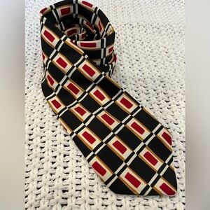 Lands End Men’s Neck Tie 100% Silk Hand Sewn, Black w/Red/Gold/Ivory; 60" x 3.5"
